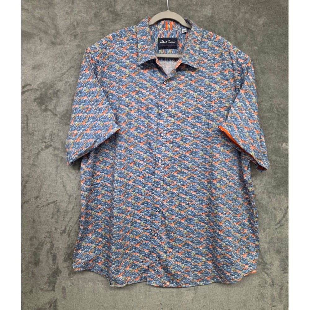 Robert Graham Mens 3XLT Speedboat Nautical Print Button Down Shirt Blue Orange
